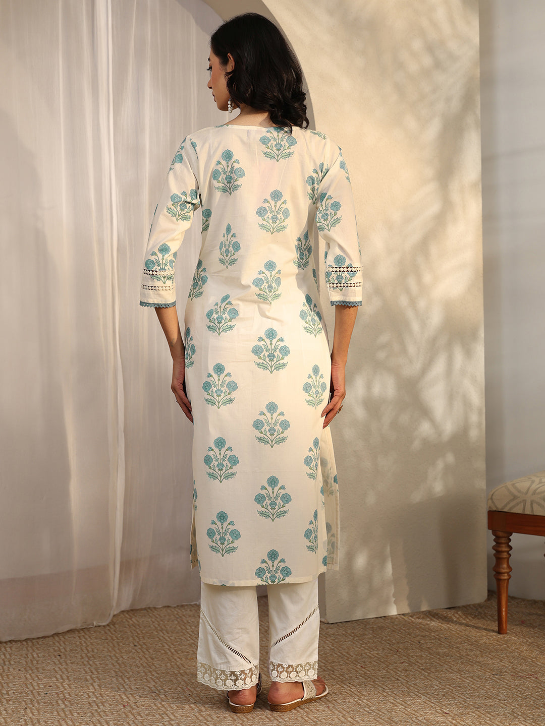 Off White Printed Cotton Straight Kurta