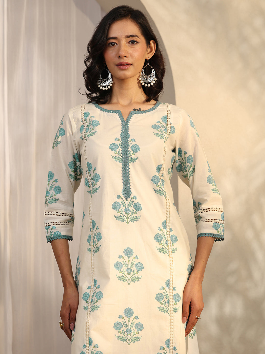 Off White Printed Cotton Straight Kurta