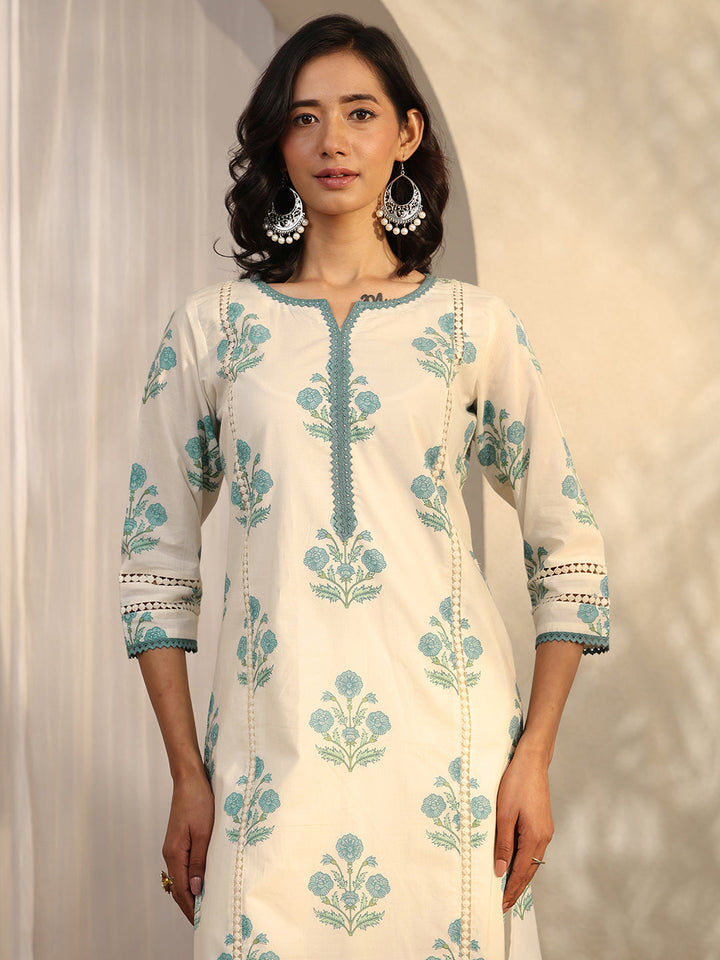 Off White Printed Cotton Straight Kurta