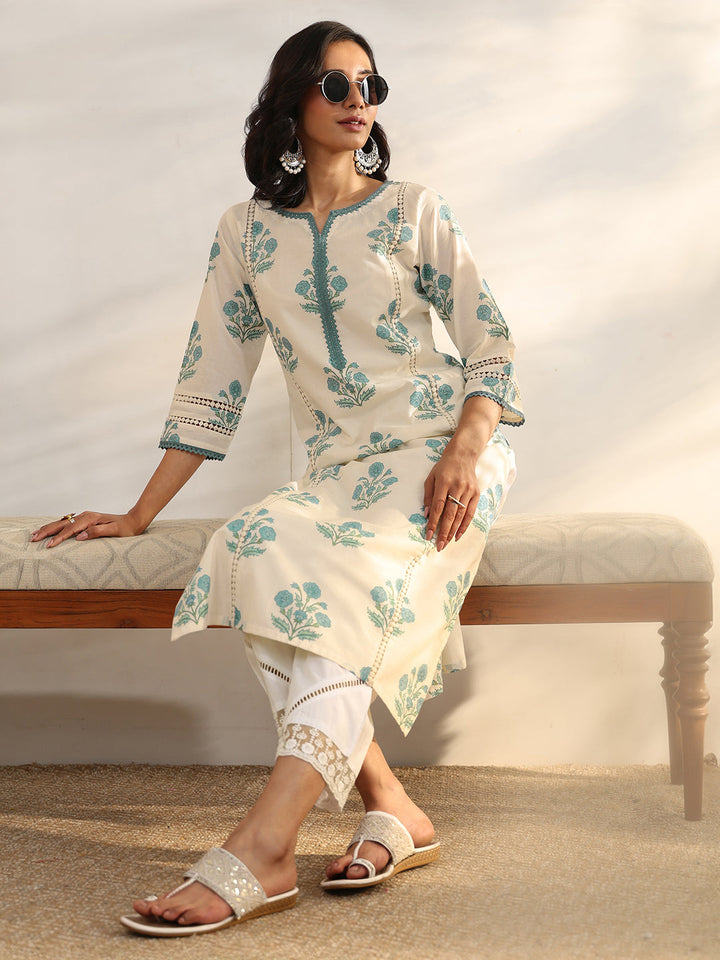 Off White Printed Cotton Straight Kurta