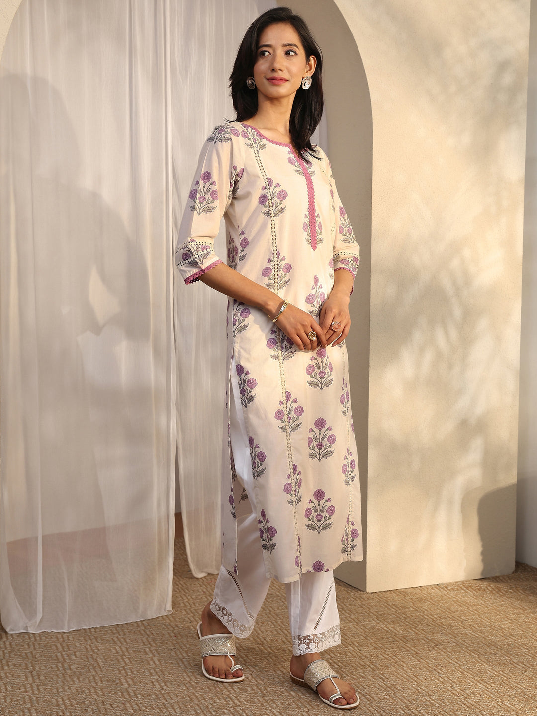 Off White Printed Cotton Straight Kurta