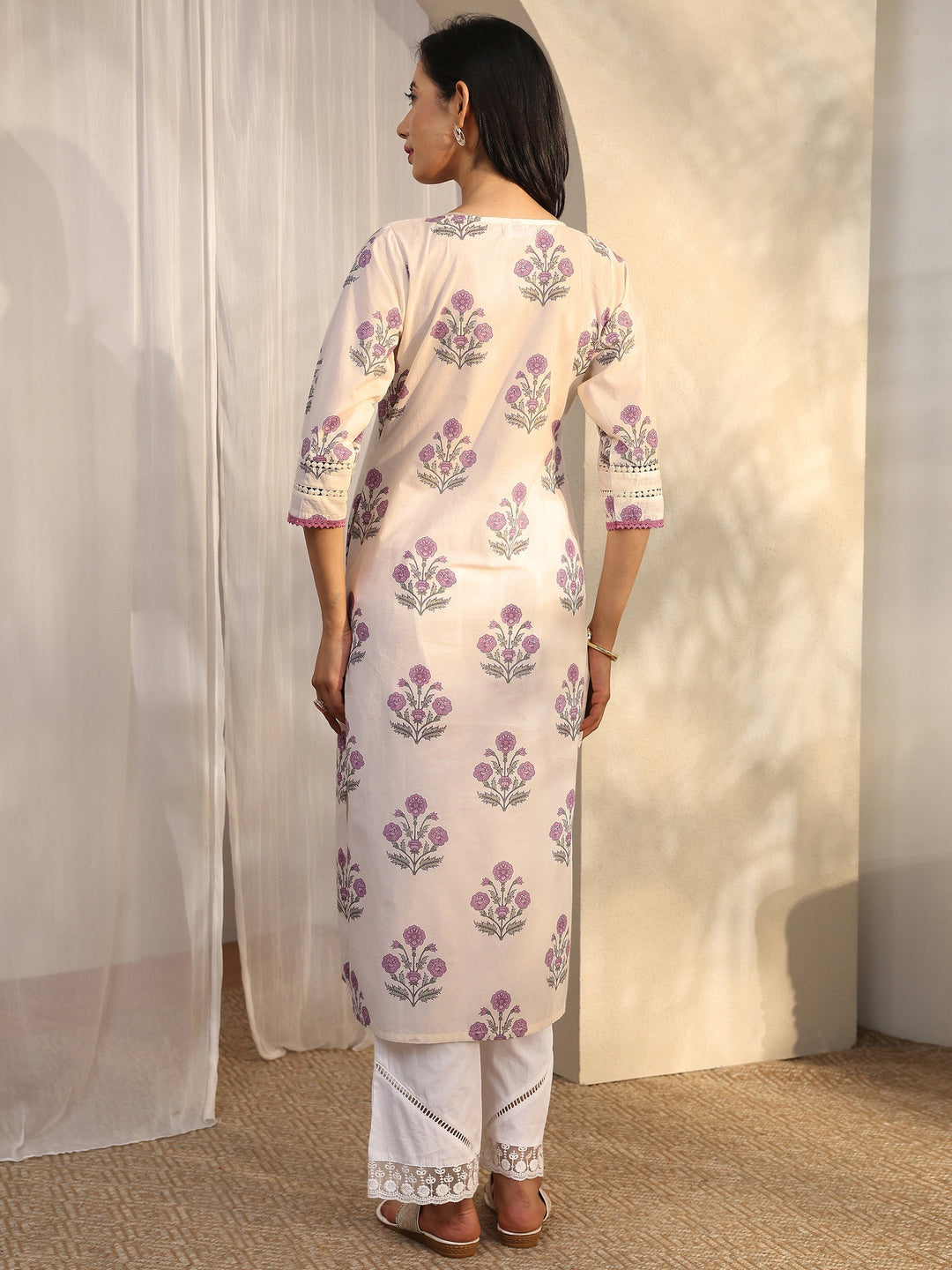 Off White Printed Cotton Straight Kurta
