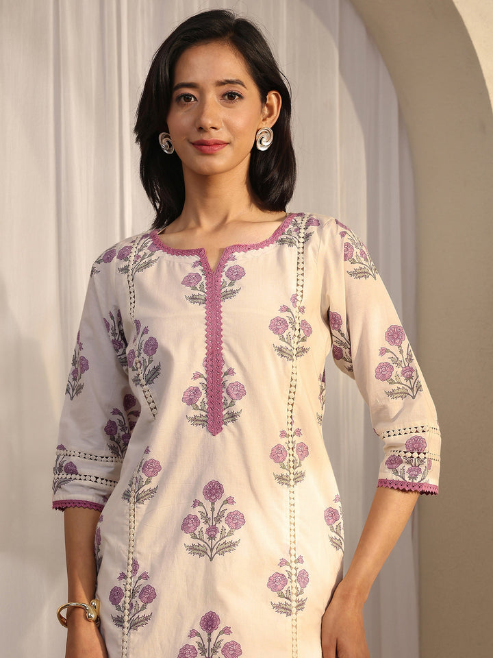 Off White Printed Cotton Straight Kurta