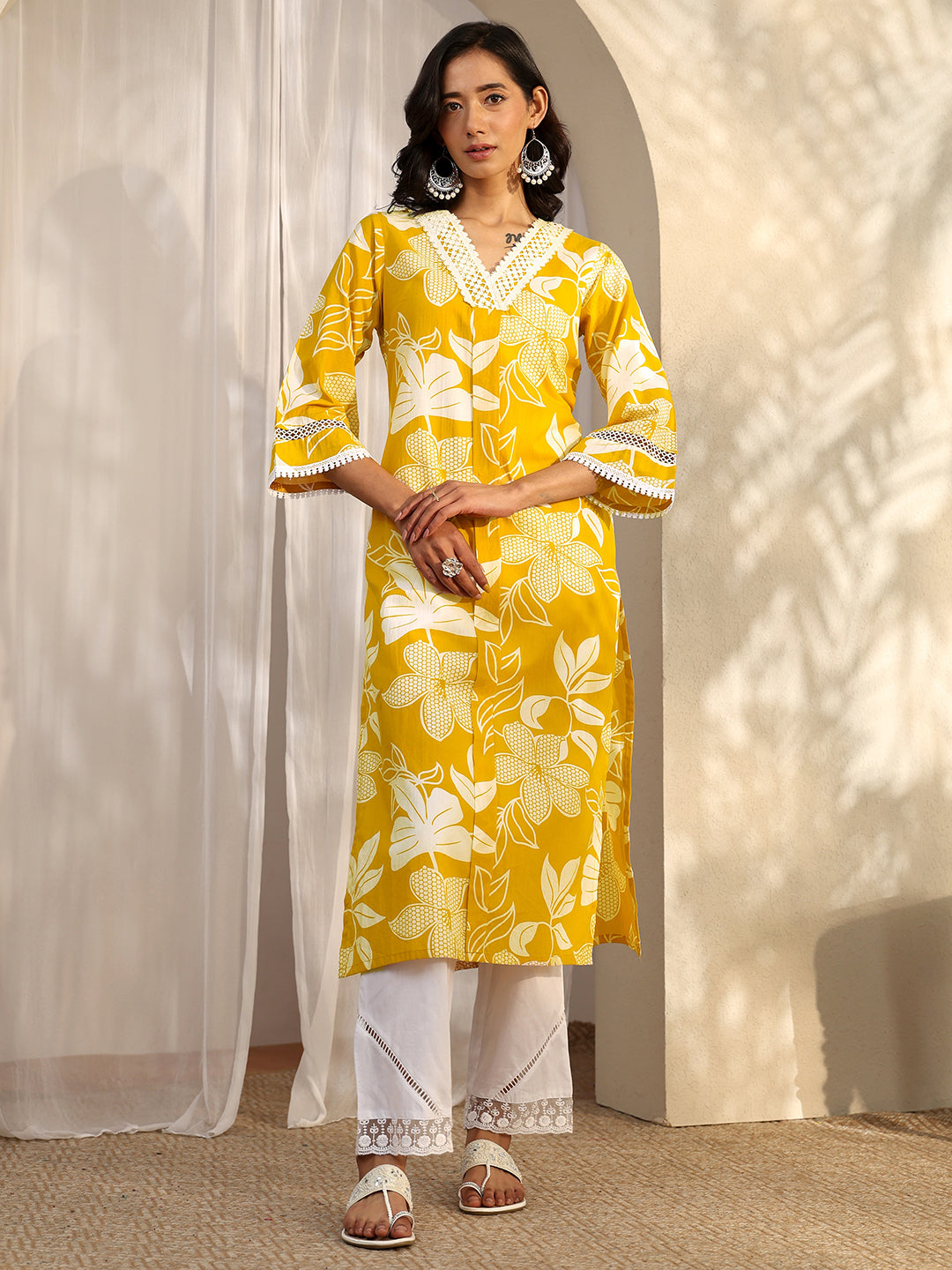 Mustard Printed Cotton Straight Kurta