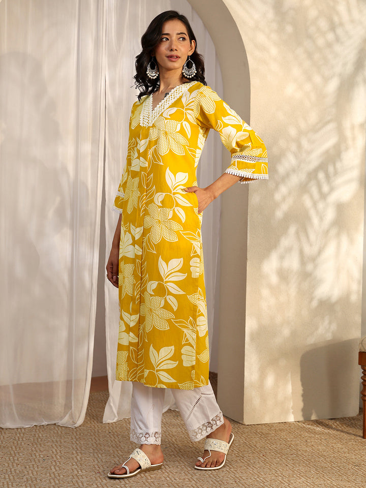 Mustard Printed Cotton Straight Kurta