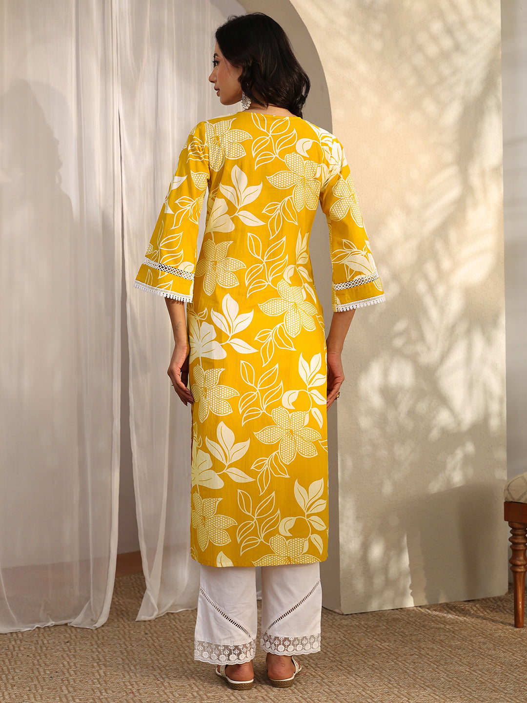 Mustard Printed Cotton Straight Kurta