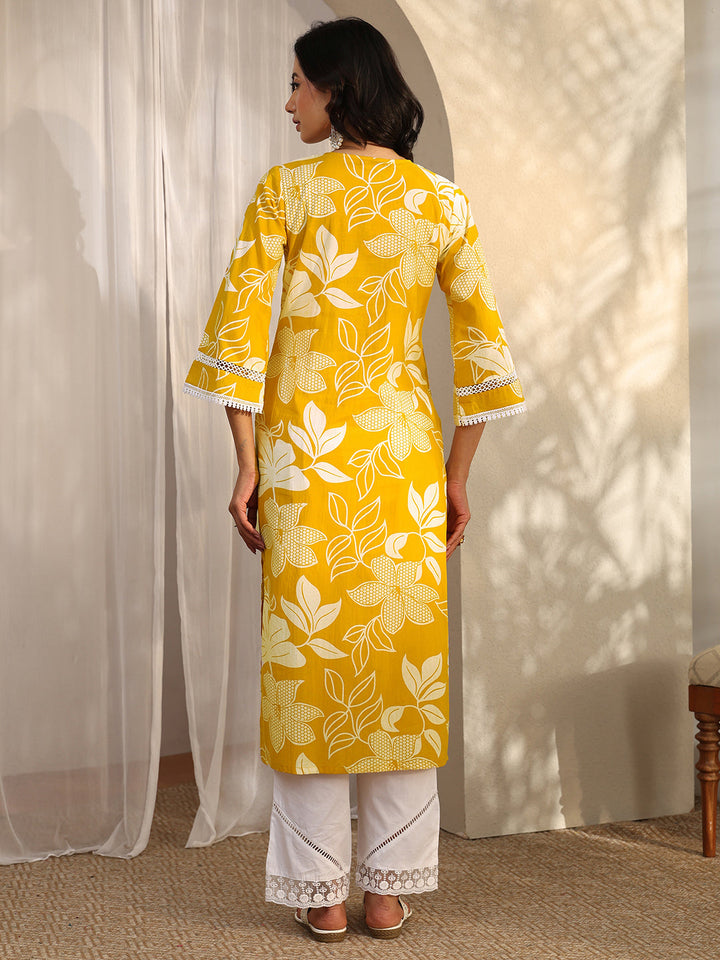 Mustard Printed Cotton Straight Kurta