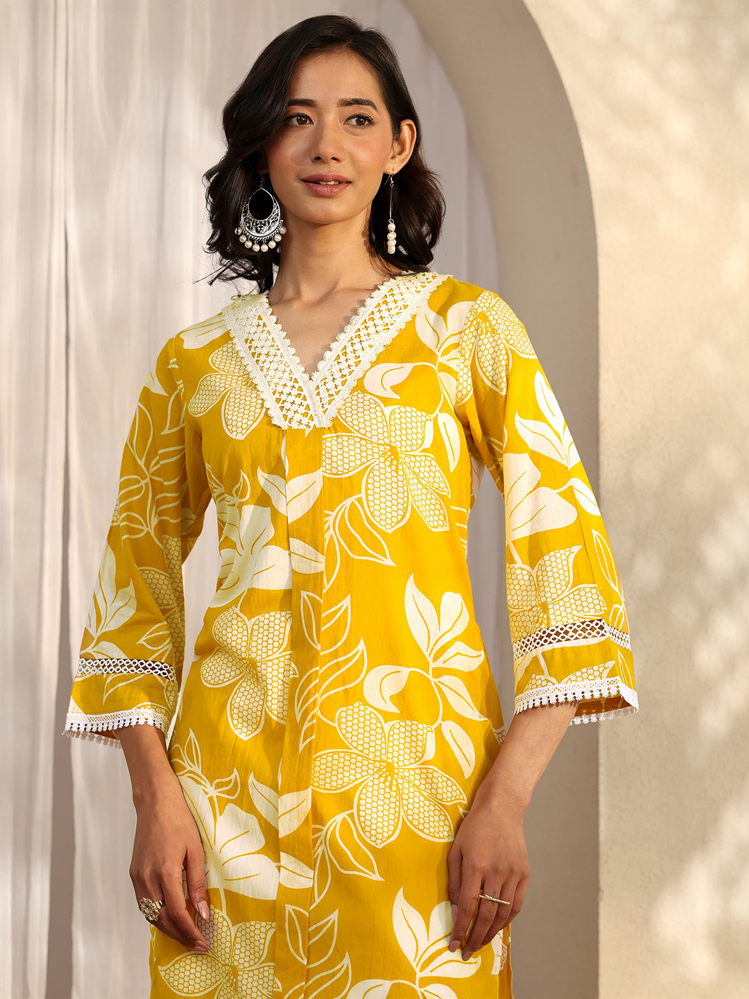 Mustard Printed Cotton Straight Kurta