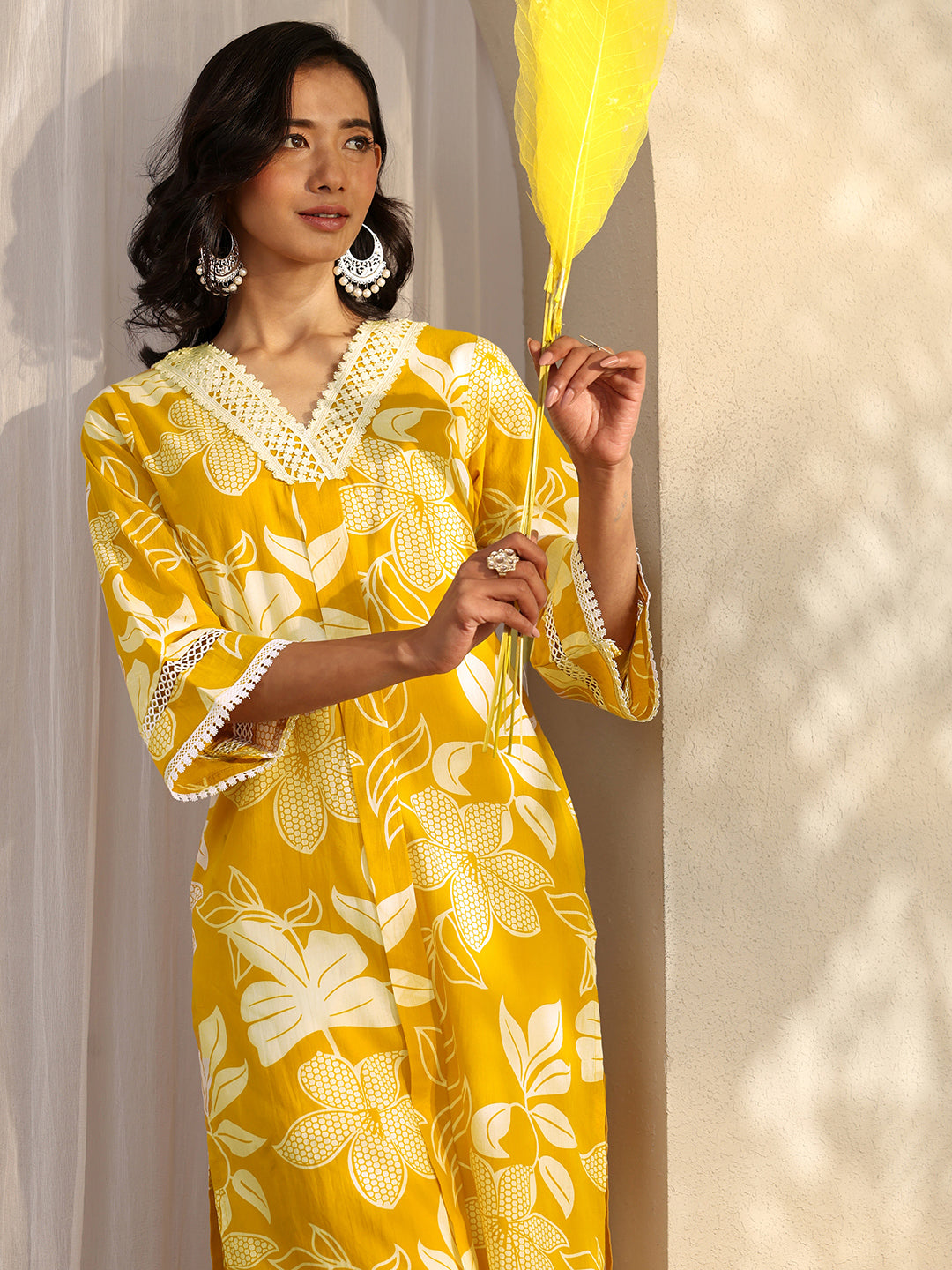 Mustard Printed Cotton Straight Kurta
