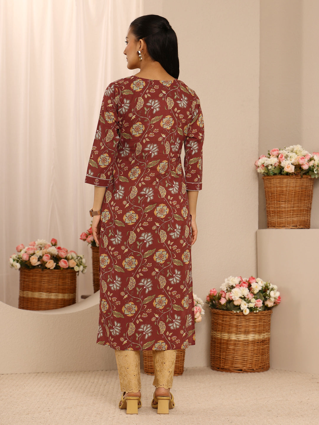 Brown Floral Printed Cotton Straight Kurta