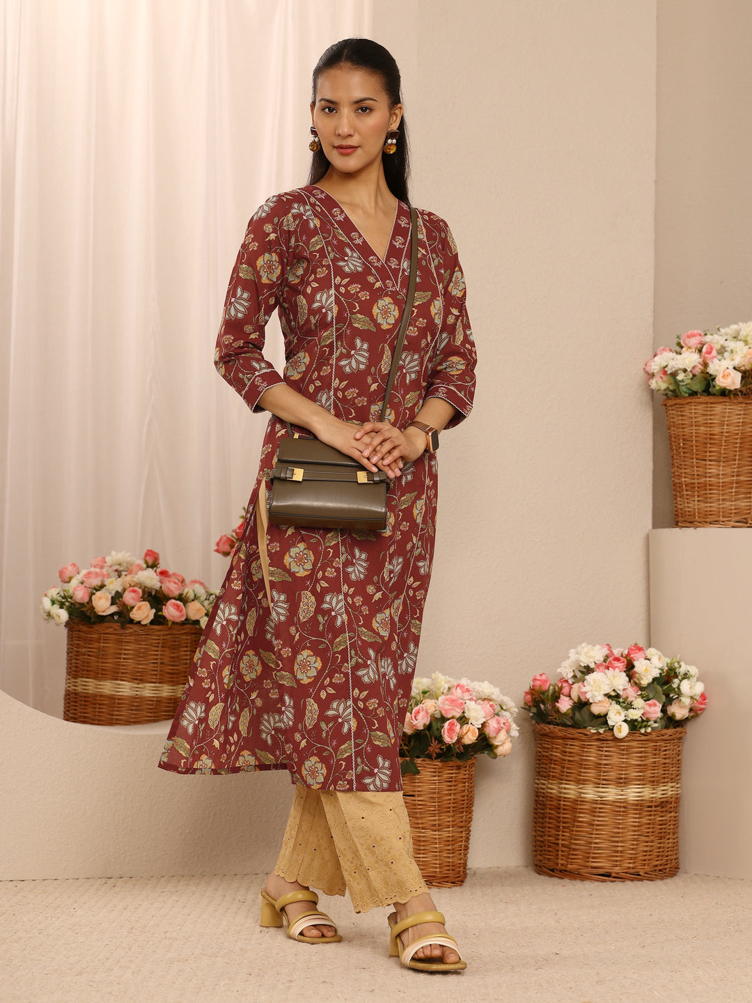 Brown Floral Printed Cotton Straight Kurta