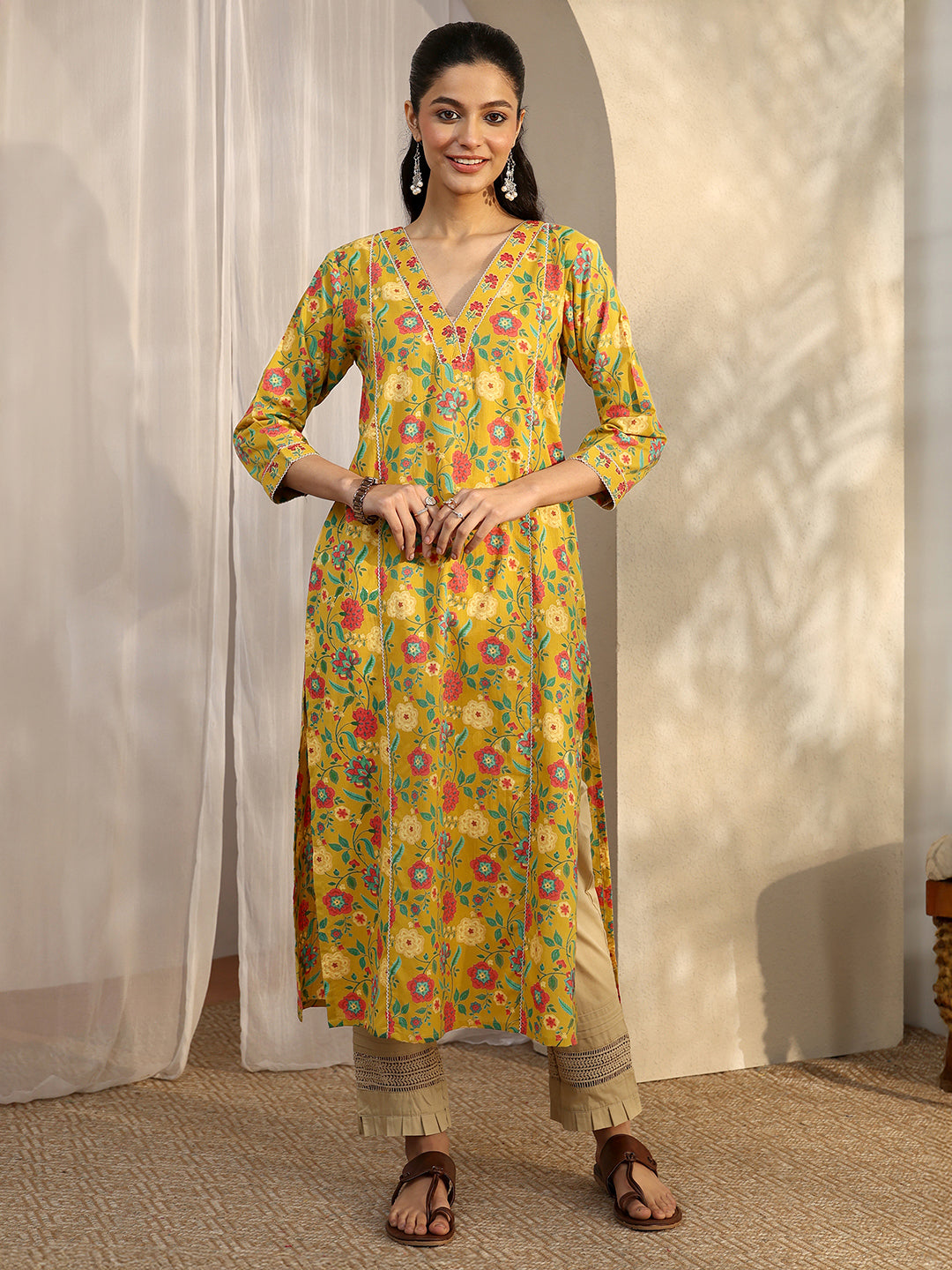 Mustard Printed Cotton Straight Kurta