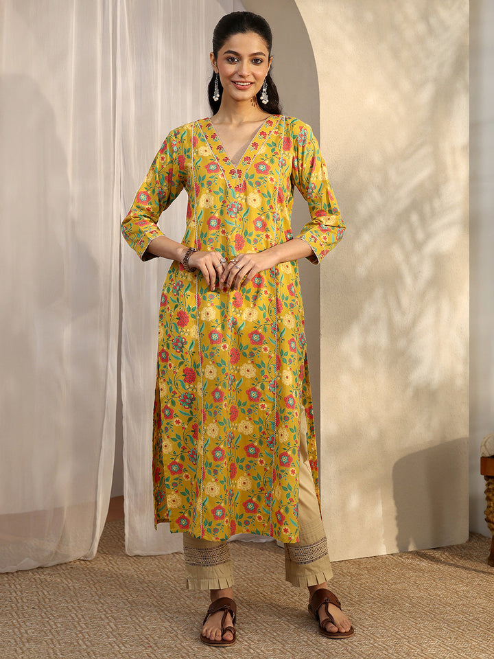 Mustard Printed Cotton Straight Kurta
