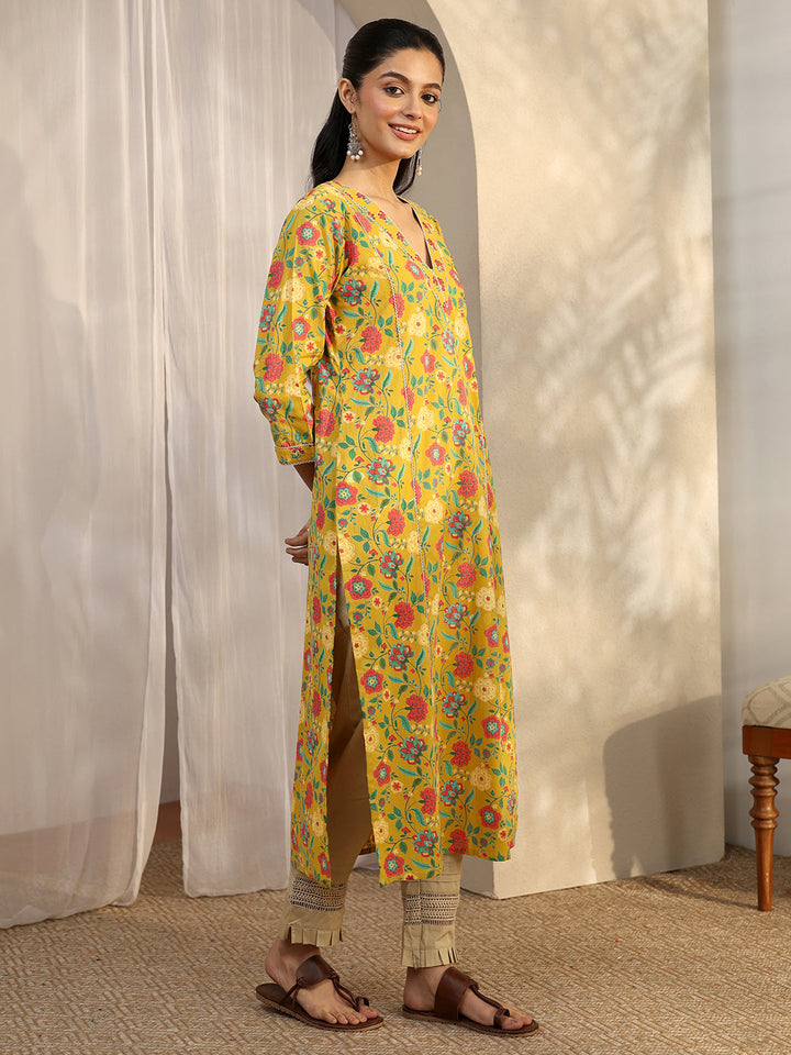 Mustard Printed Cotton Straight Kurta