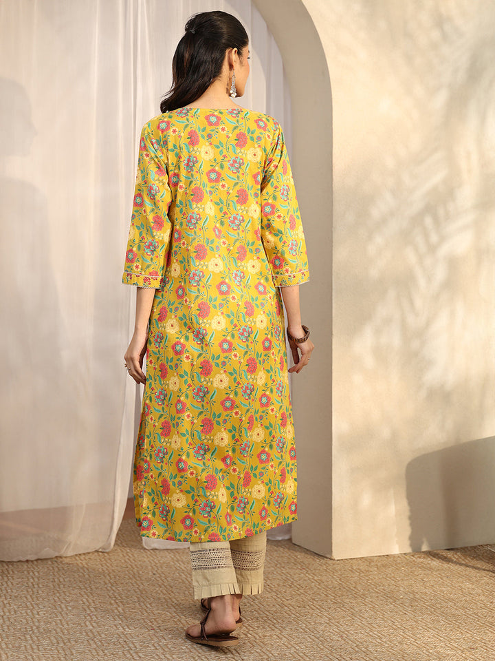 Mustard Printed Cotton Straight Kurta
