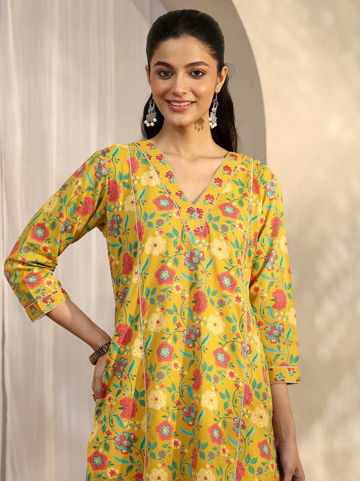 Mustard Printed Cotton Straight Kurta