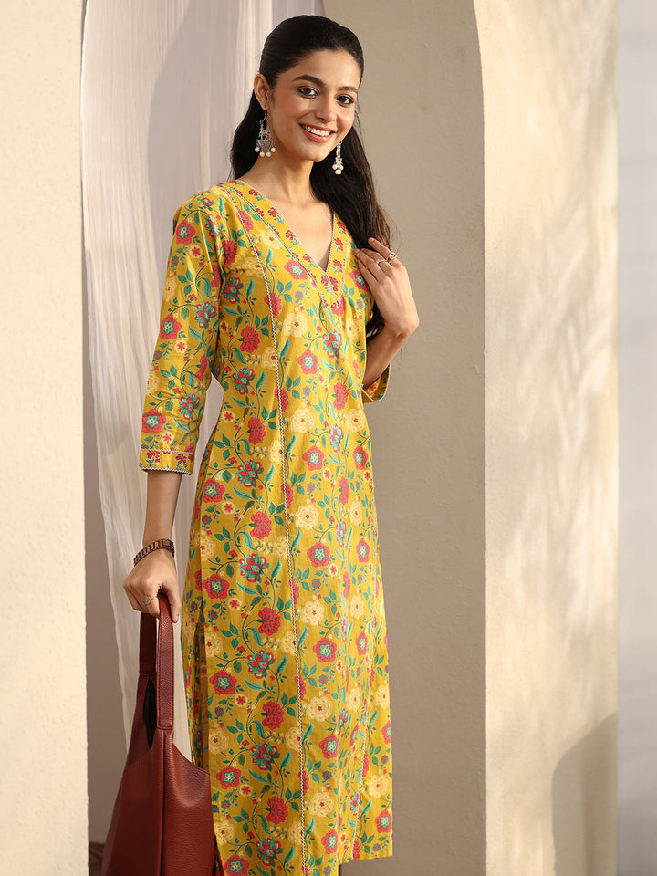 Mustard Printed Cotton Straight Kurta