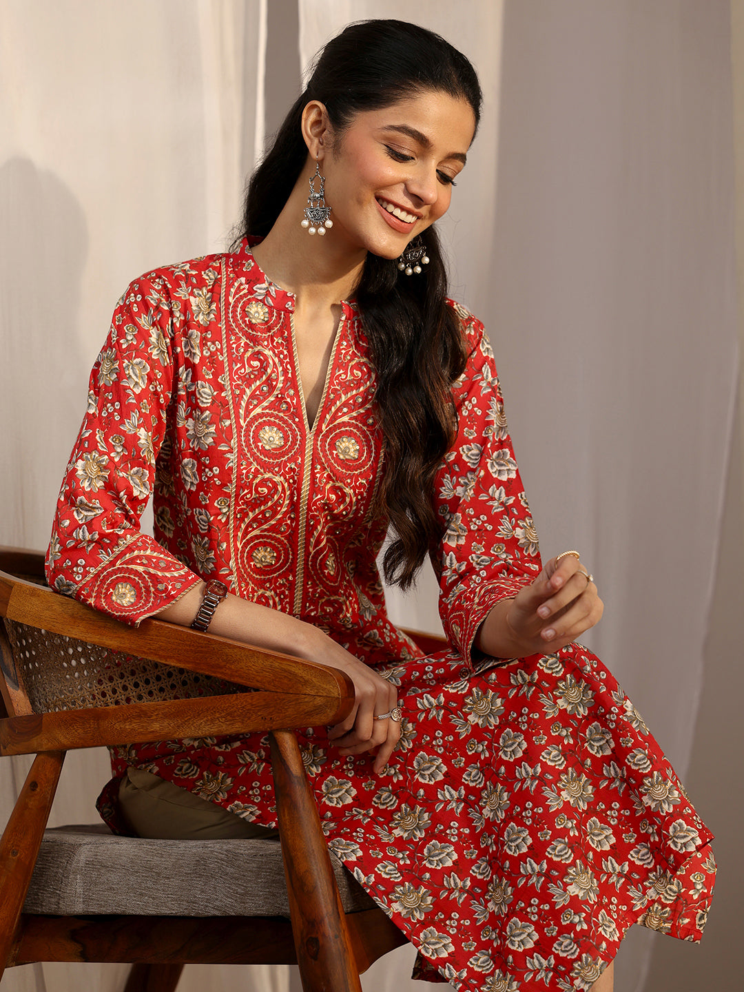 Red Printed Cotton Straight Kurta