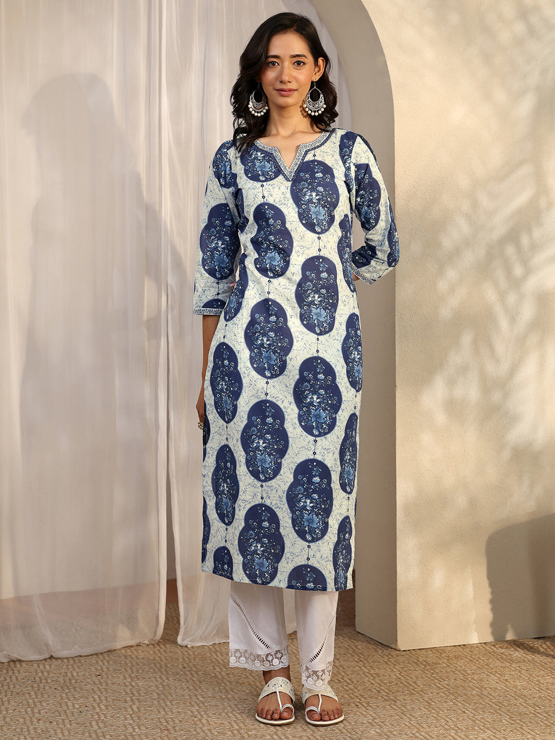 Blue Printed Cotton Straight Kurta