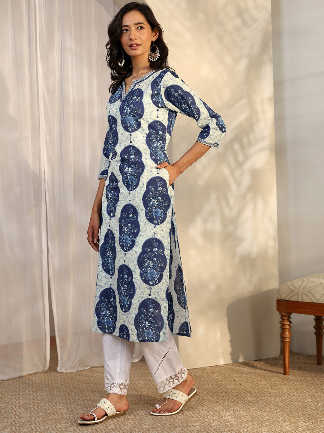 Blue Printed Cotton Straight Kurta