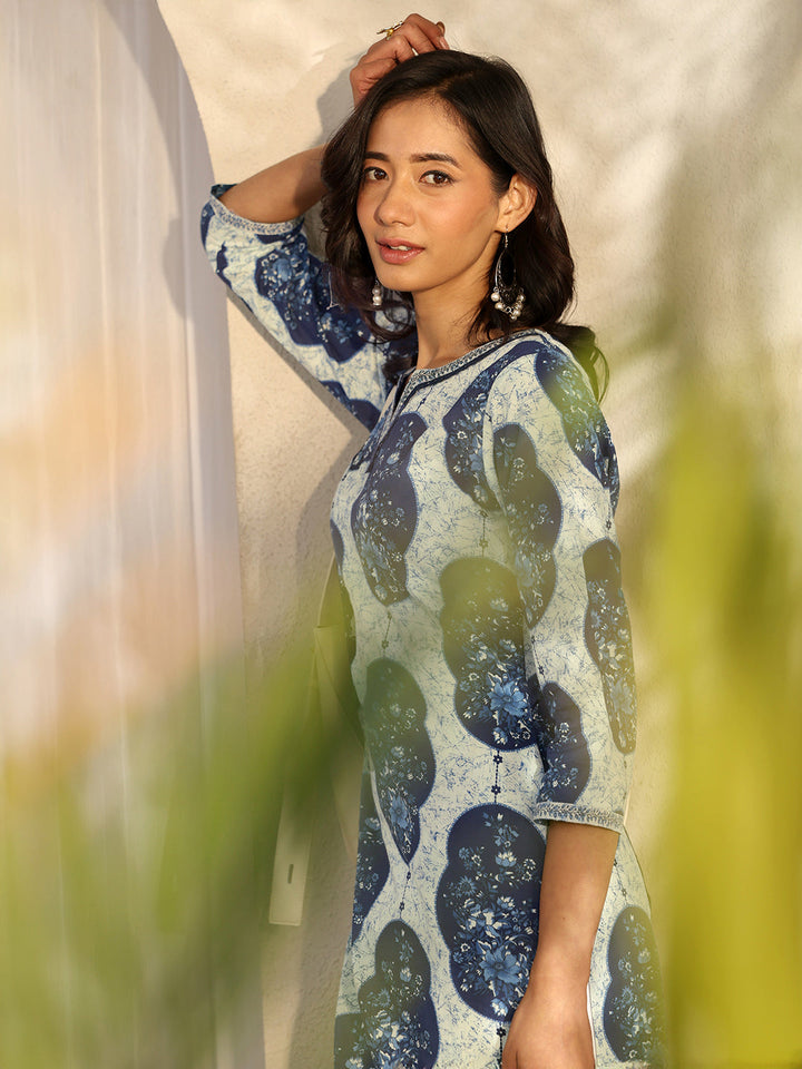 Blue Printed Cotton Straight Kurta