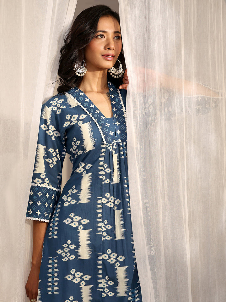 Blue Block Printed Cotton A-Line Kurta