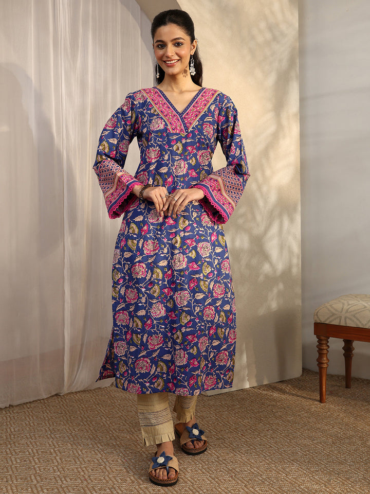 Blue Printed Cotton Straight Kurta