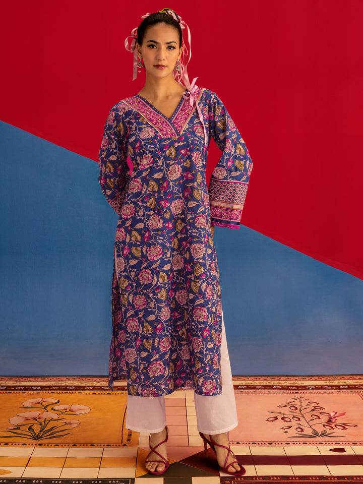 Phoebe Blue Printed Cotton Straight Kurta