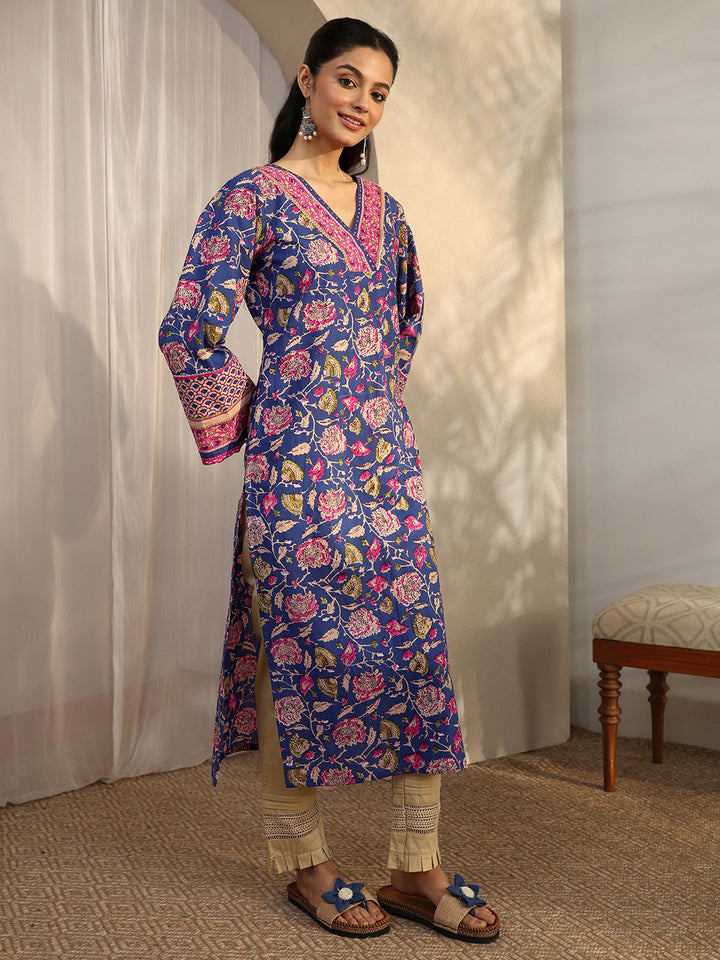 Blue Printed Cotton Straight Kurta