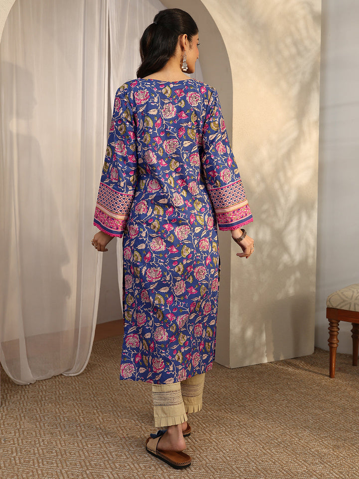 Blue Printed Cotton Straight Kurta