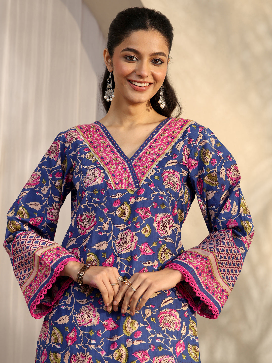 Blue Printed Cotton Straight Kurta