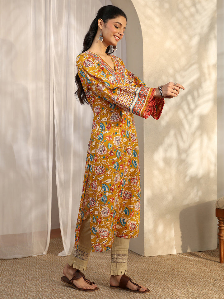 Mustard Printed Cotton Straight Kurta