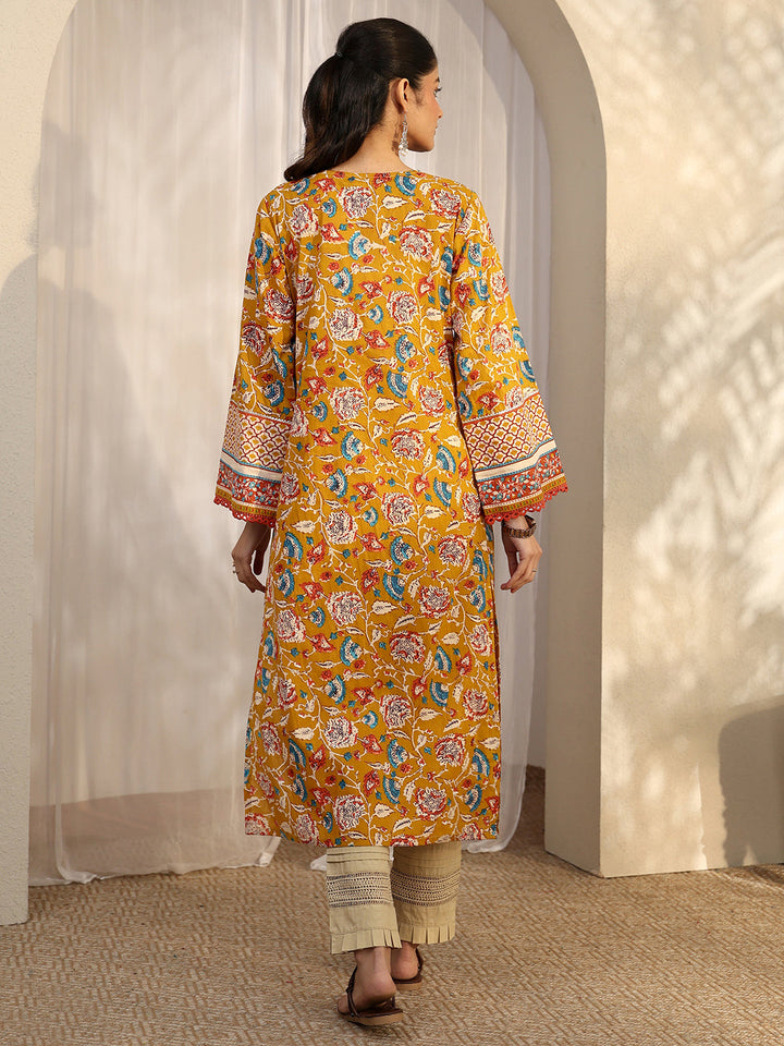 Mustard Printed Cotton Straight Kurta