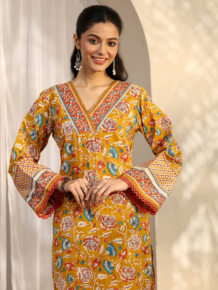 Mustard Printed Cotton Straight Kurta