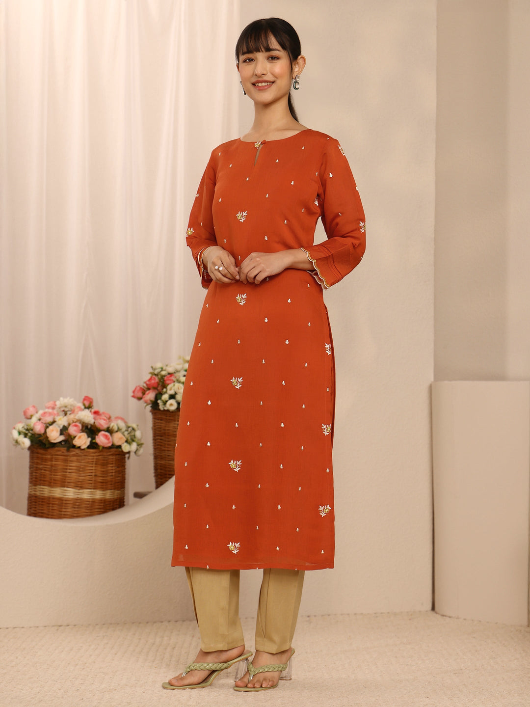 Orange Floral Embroidered Chanderi Cotton Straight Kurta