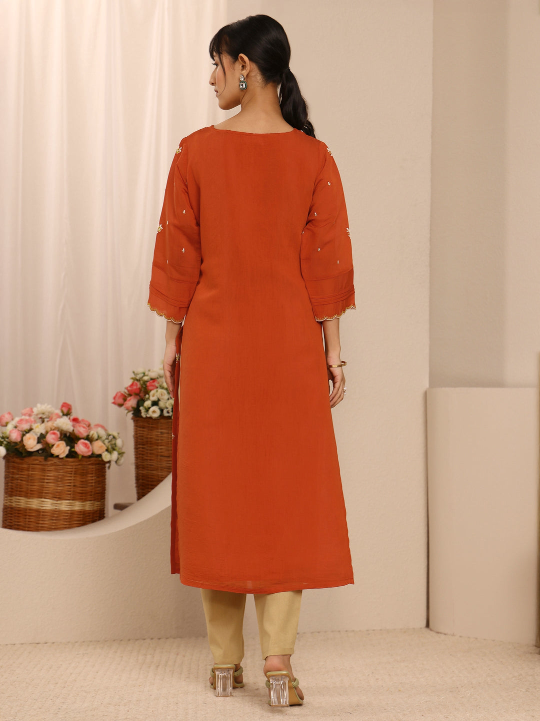 Orange Floral Embroidered Chanderi Cotton Straight Kurta