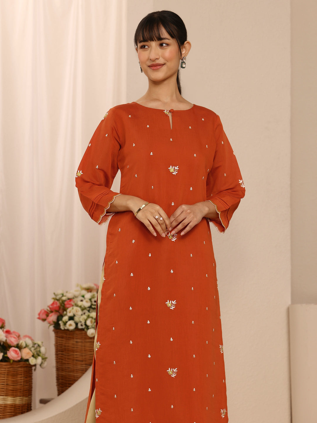Orange Floral Embroidered Chanderi Cotton Straight Kurta