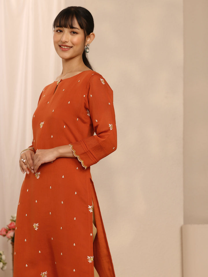 Orange Floral Embroidered Chanderi Cotton Straight Kurta
