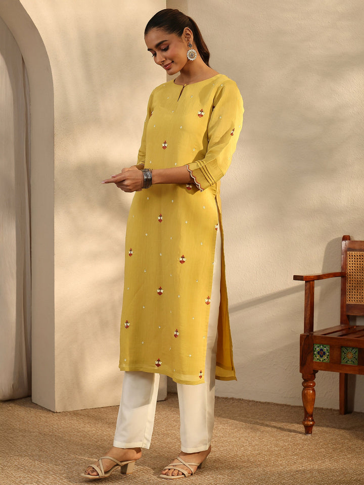 Green Embroidered Chanderi Cotton Straight Kurta