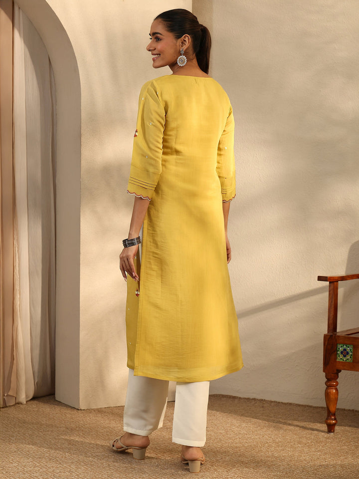 Green Embroidered Chanderi Cotton Straight Kurta