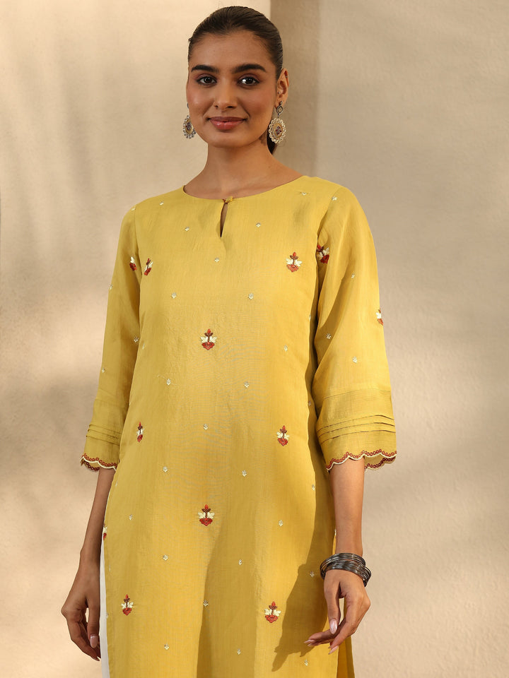 Green Embroidered Chanderi Cotton Straight Kurta