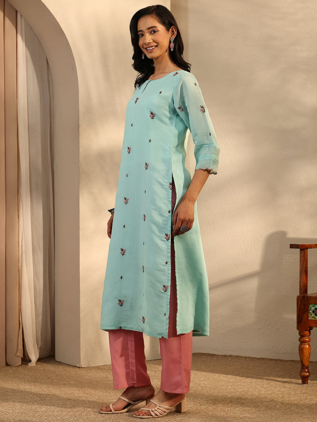 Blue Embroidered Chanderi Cotton Straight Kurta