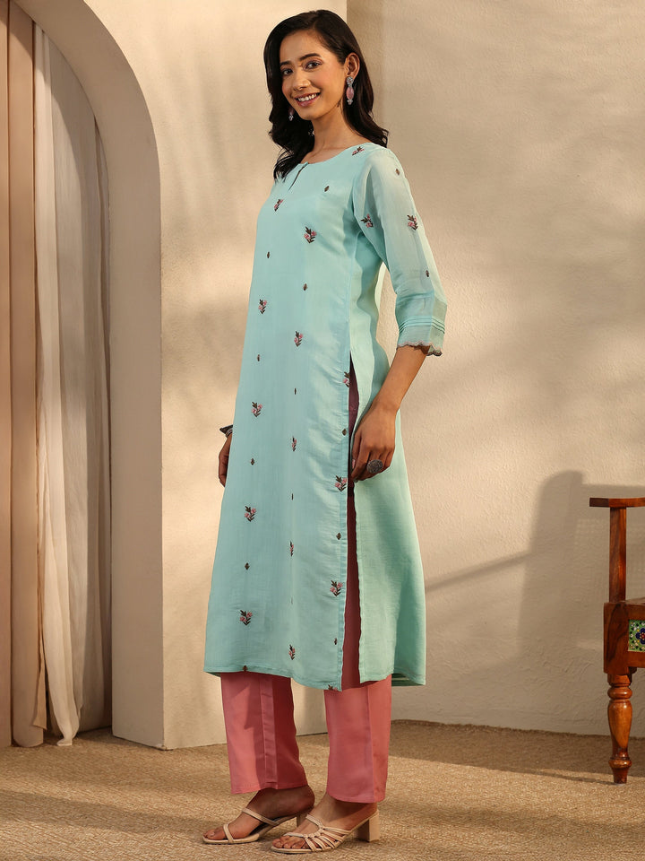 Blue Embroidered Chanderi Cotton Straight Kurta