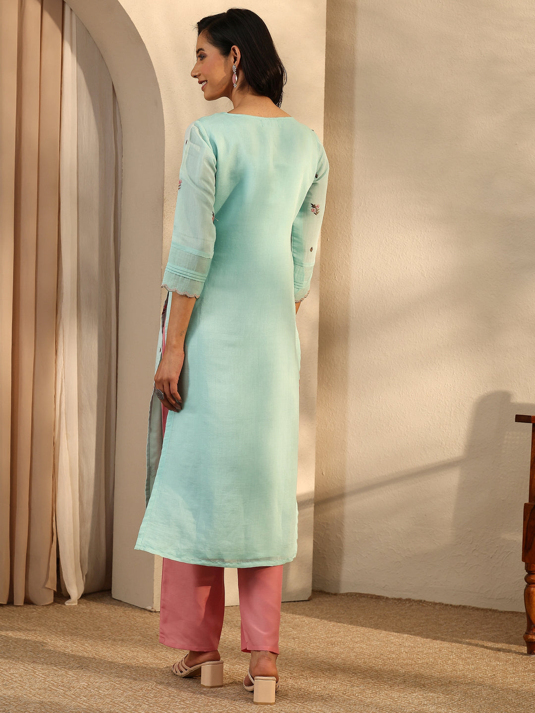 Blue Embroidered Chanderi Cotton Straight Kurta