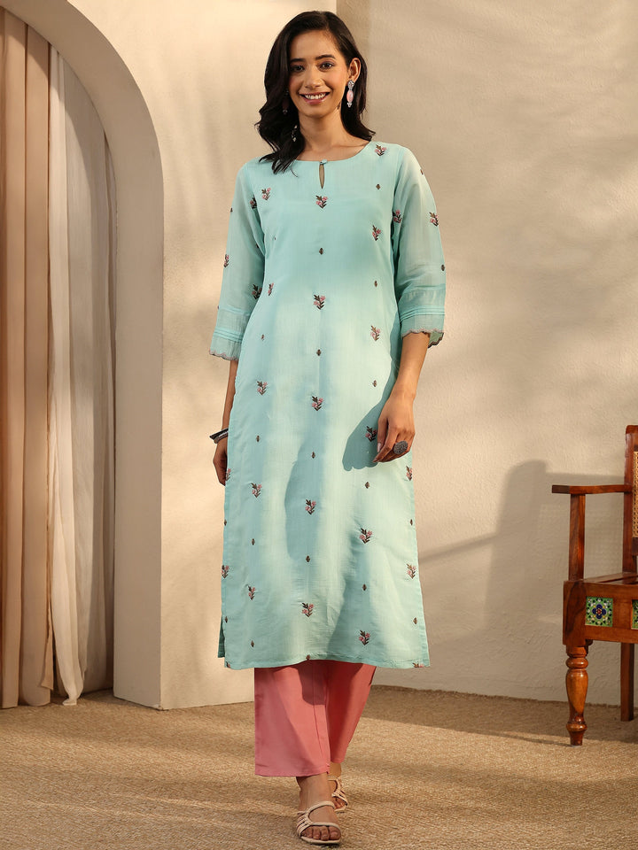 Blue Embroidered Chanderi Cotton Straight Kurta