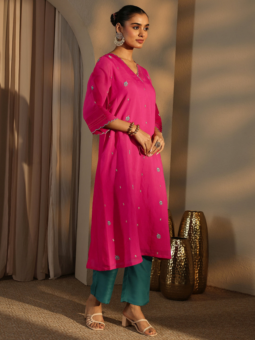 Pink Embroidered Chanderi Cotton Straight Kurta