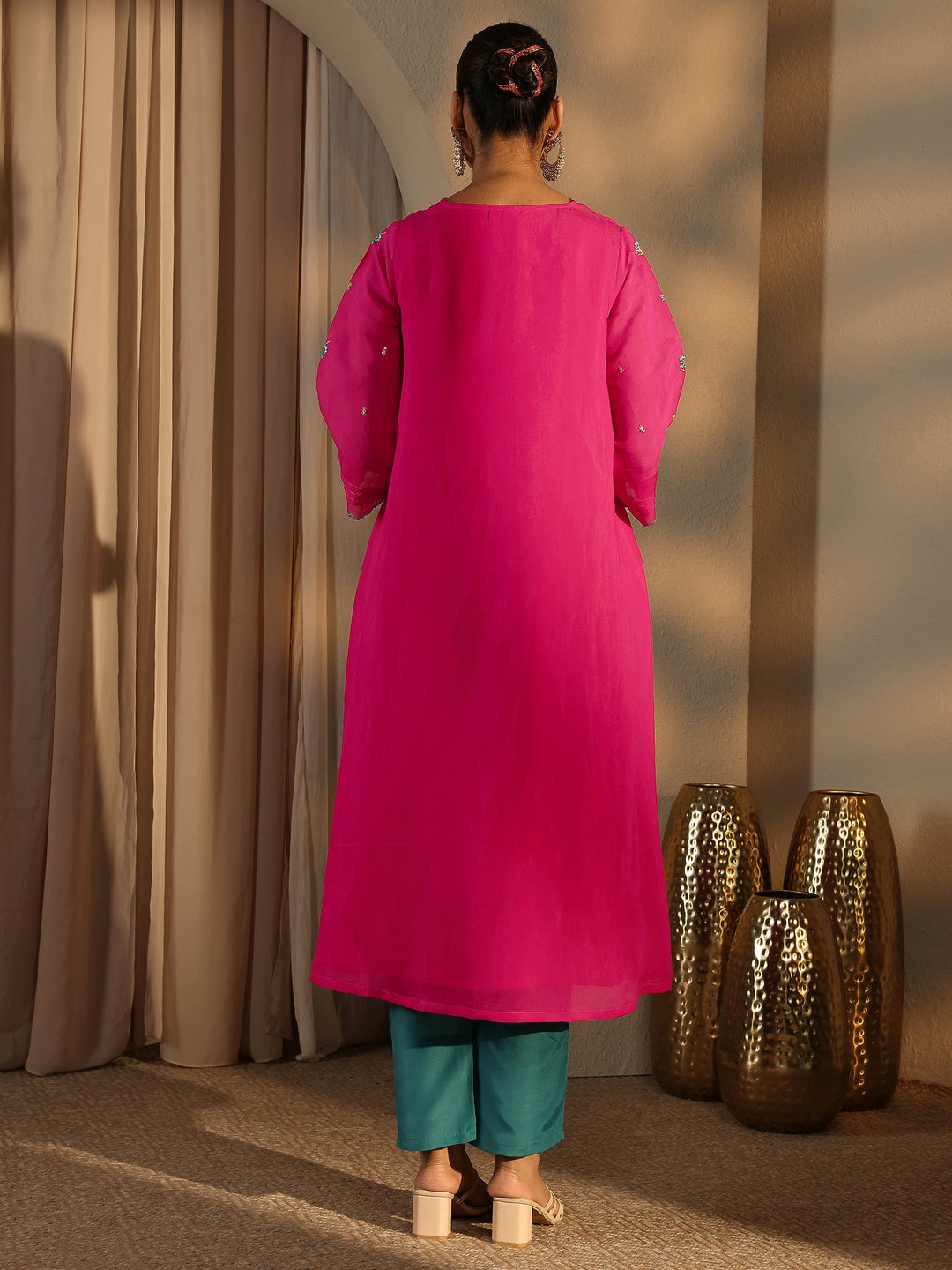 Pink Embroidered Chanderi Cotton Straight Kurta