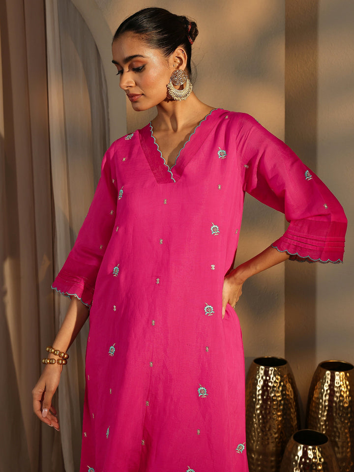 Pink Embroidered Chanderi Cotton Straight Kurta