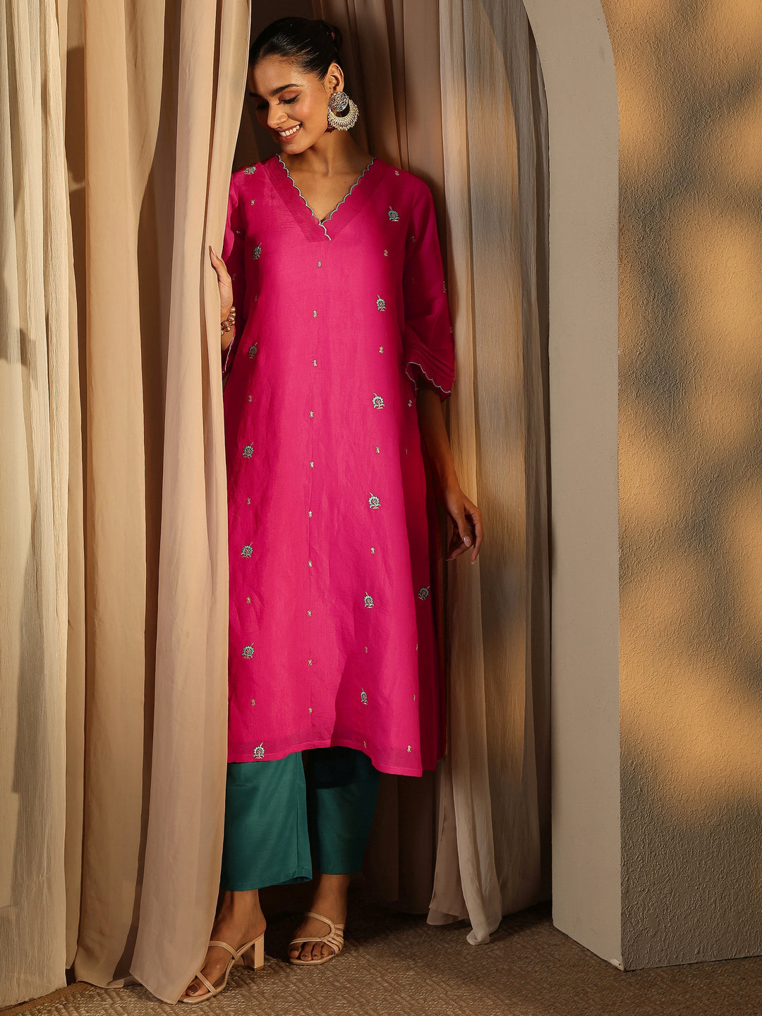 Pink Embroidered Chanderi Cotton Straight Kurta