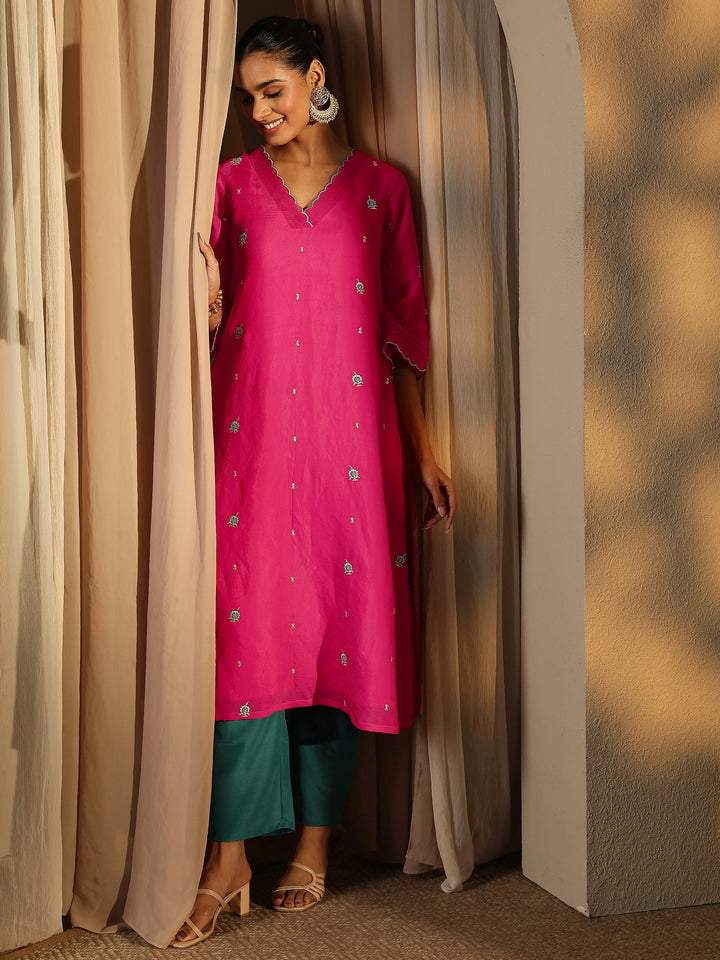 Pink Embroidered Chanderi Cotton Straight Kurta